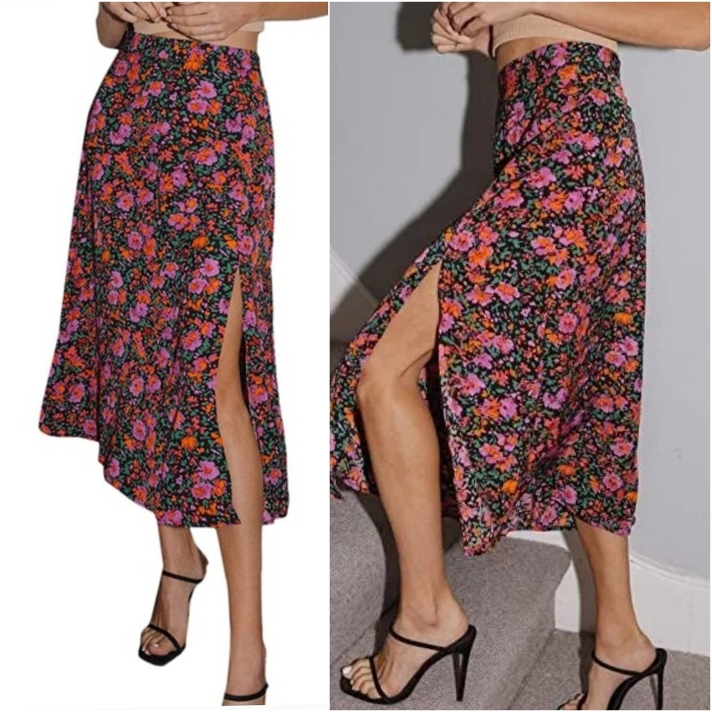 Floerns Women's Boho Floral High Waist Split A Line Midi Skirt XS Rose Pink
